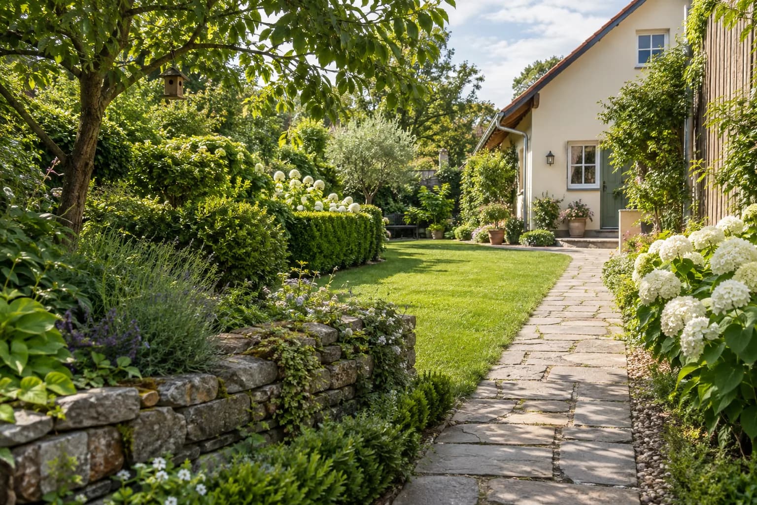 Ein gepflegter Hausgarten mit grünen Hecken, Hortensien und einem Gartenweg